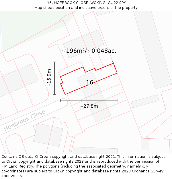 16, HOEBROOK CLOSE, WOKING, GU22 9PY: Plot and title map