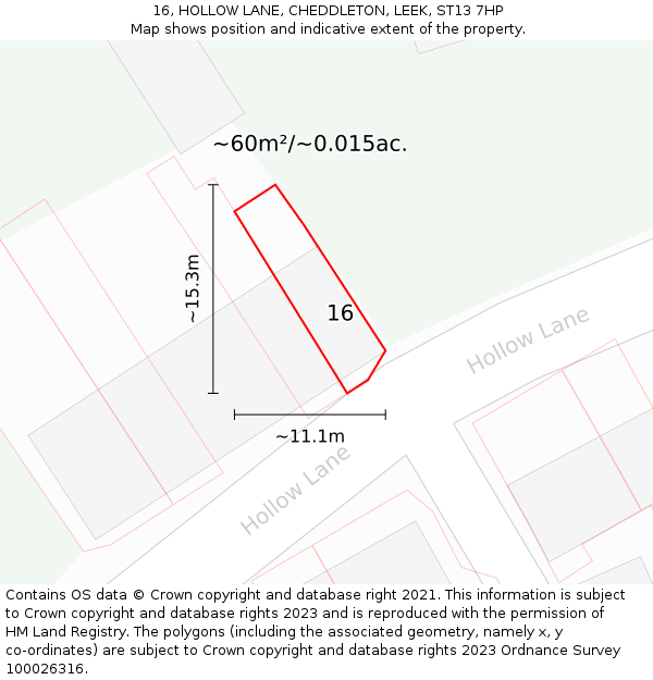 16, HOLLOW LANE, CHEDDLETON, LEEK, ST13 7HP: Plot and title map