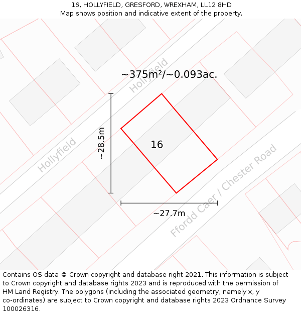16, HOLLYFIELD, GRESFORD, WREXHAM, LL12 8HD: Plot and title map