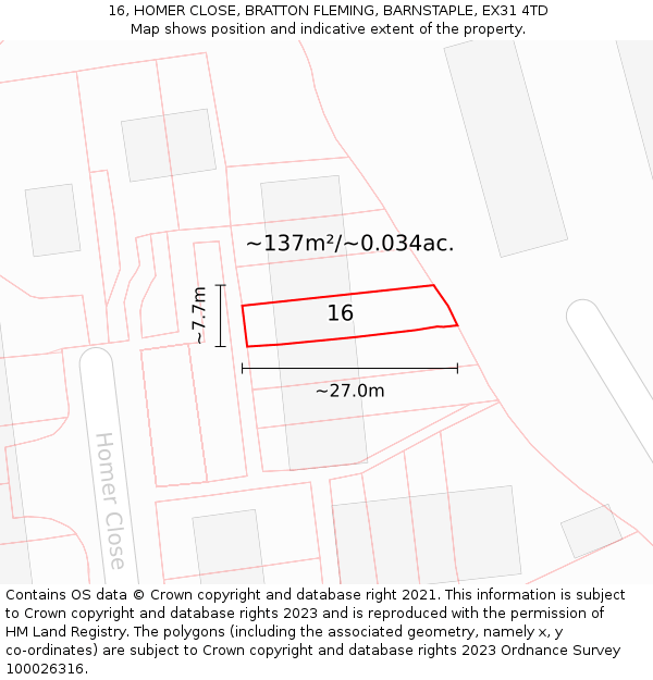 16, HOMER CLOSE, BRATTON FLEMING, BARNSTAPLE, EX31 4TD: Plot and title map