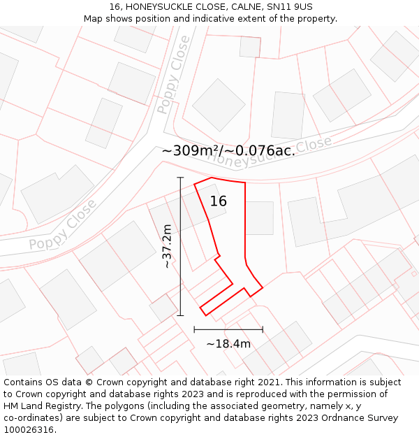 16, HONEYSUCKLE CLOSE, CALNE, SN11 9US: Plot and title map