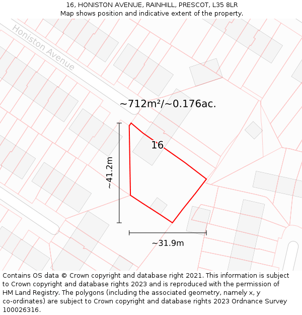 16, HONISTON AVENUE, RAINHILL, PRESCOT, L35 8LR: Plot and title map