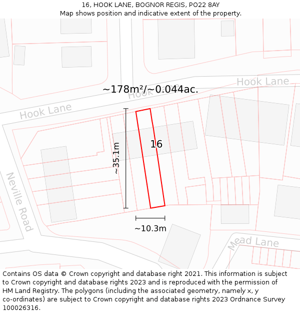 16, HOOK LANE, BOGNOR REGIS, PO22 8AY: Plot and title map