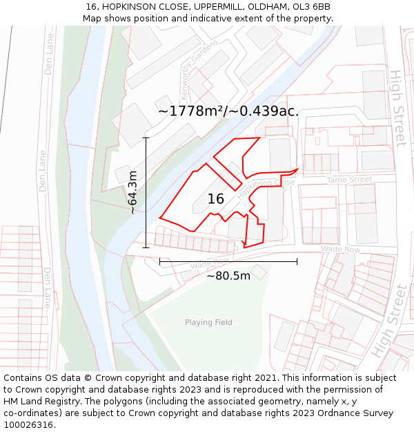 16, HOPKINSON CLOSE, UPPERMILL, OLDHAM, OL3 6BB: Plot and title map