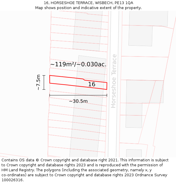 16, HORSESHOE TERRACE, WISBECH, PE13 1QA: Plot and title map