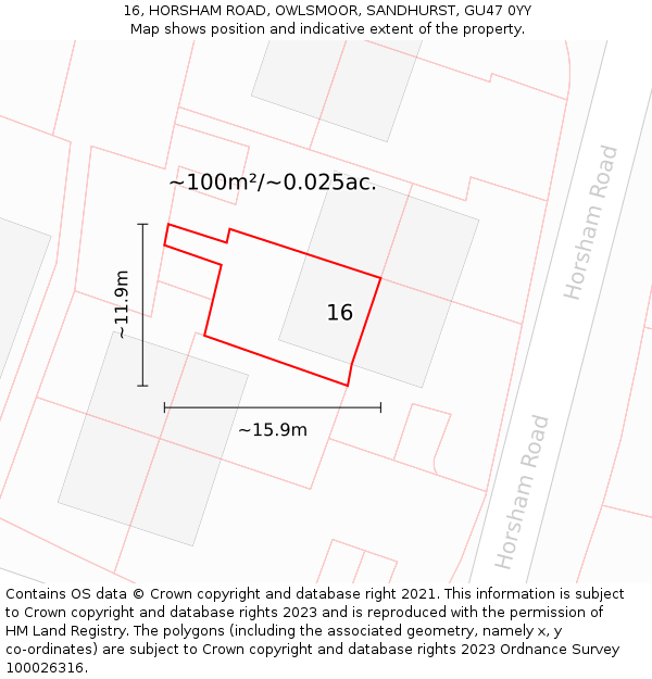 16, HORSHAM ROAD, OWLSMOOR, SANDHURST, GU47 0YY: Plot and title map