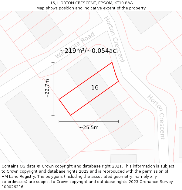 16, HORTON CRESCENT, EPSOM, KT19 8AA: Plot and title map