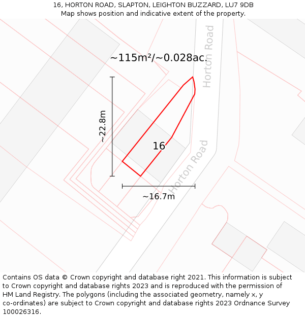 16, HORTON ROAD, SLAPTON, LEIGHTON BUZZARD, LU7 9DB: Plot and title map