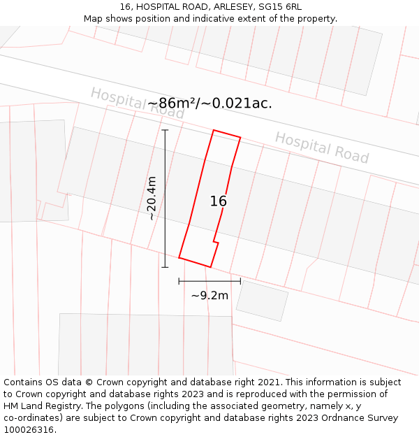 16, HOSPITAL ROAD, ARLESEY, SG15 6RL: Plot and title map