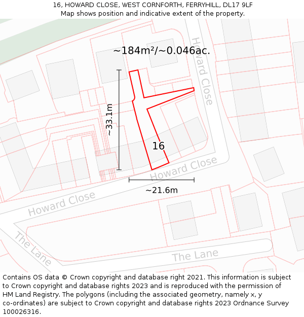 16, HOWARD CLOSE, WEST CORNFORTH, FERRYHILL, DL17 9LF: Plot and title map