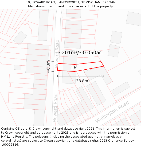 16, HOWARD ROAD, HANDSWORTH, BIRMINGHAM, B20 2AN: Plot and title map