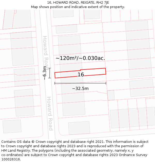 16, HOWARD ROAD, REIGATE, RH2 7JE: Plot and title map