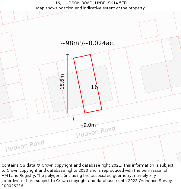 16, HUDSON ROAD, HYDE, SK14 5EB: Plot and title map