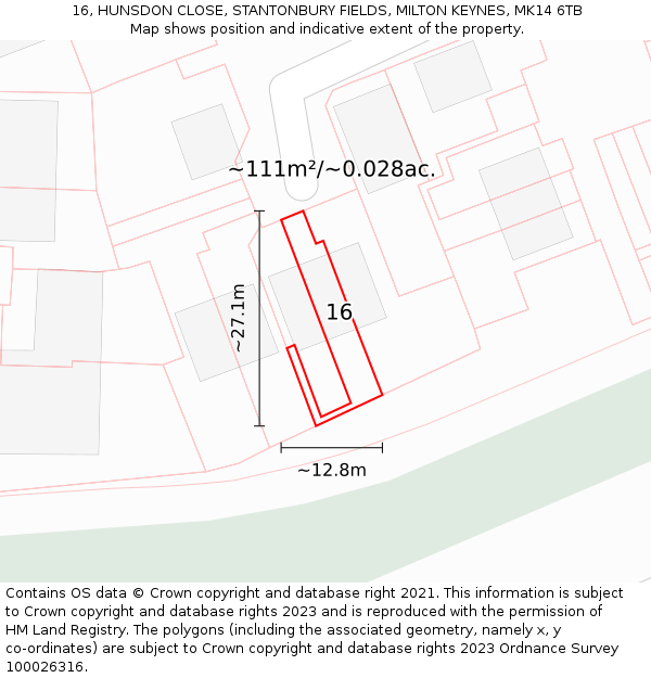 16, HUNSDON CLOSE, STANTONBURY FIELDS, MILTON KEYNES, MK14 6TB: Plot and title map