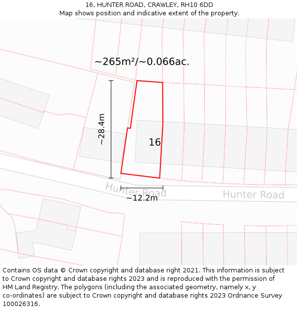 16, HUNTER ROAD, CRAWLEY, RH10 6DD: Plot and title map