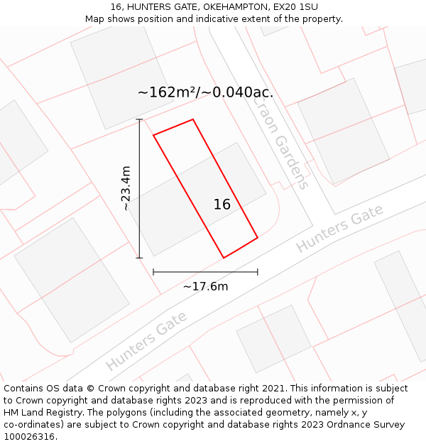 16, HUNTERS GATE, OKEHAMPTON, EX20 1SU: Plot and title map