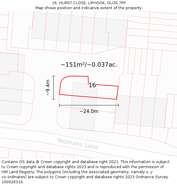 16, HURST CLOSE, LIPHOOK, GU30 7PP: Plot and title map