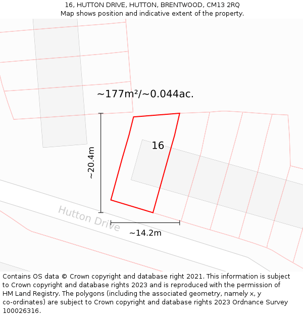16, HUTTON DRIVE, HUTTON, BRENTWOOD, CM13 2RQ: Plot and title map