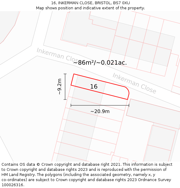 16, INKERMAN CLOSE, BRISTOL, BS7 0XU: Plot and title map