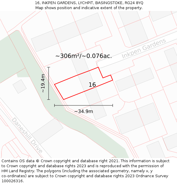 16, INKPEN GARDENS, LYCHPIT, BASINGSTOKE, RG24 8YQ: Plot and title map