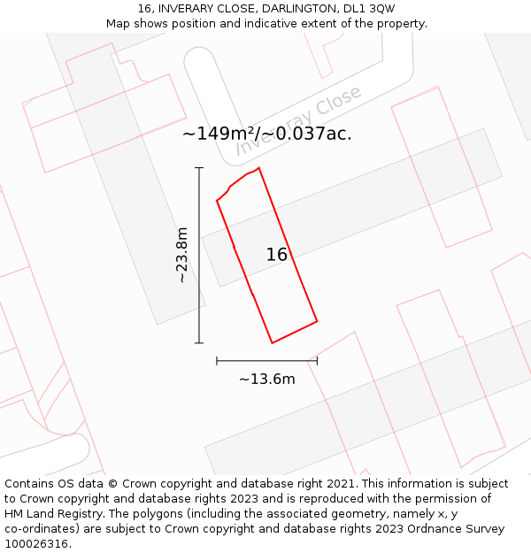 16, INVERARY CLOSE, DARLINGTON, DL1 3QW: Plot and title map