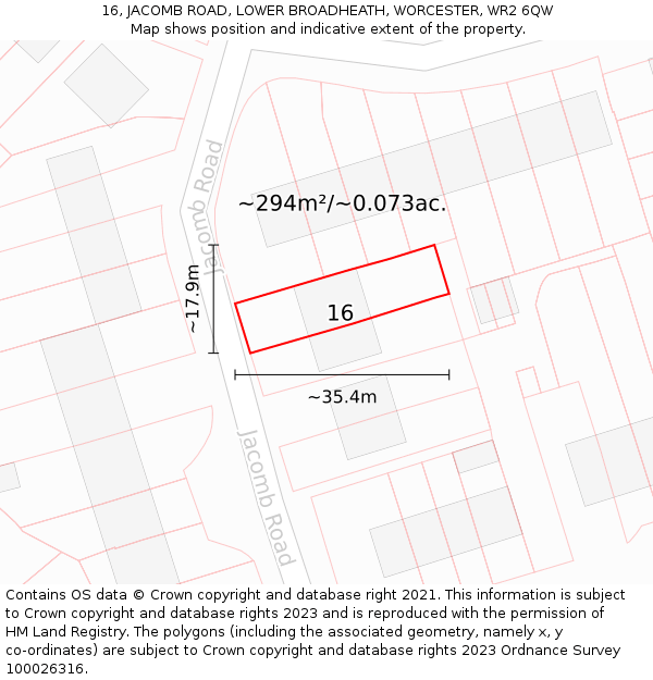 16, JACOMB ROAD, LOWER BROADHEATH, WORCESTER, WR2 6QW: Plot and title map