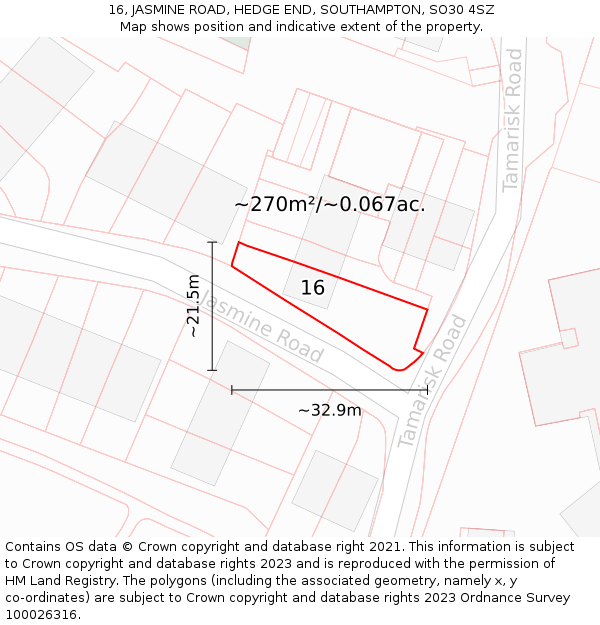 16, JASMINE ROAD, HEDGE END, SOUTHAMPTON, SO30 4SZ: Plot and title map