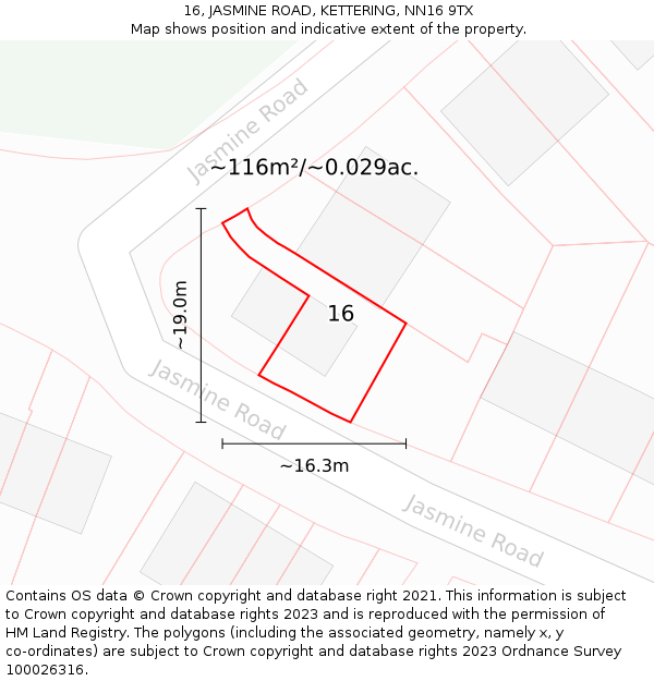 16, JASMINE ROAD, KETTERING, NN16 9TX: Plot and title map