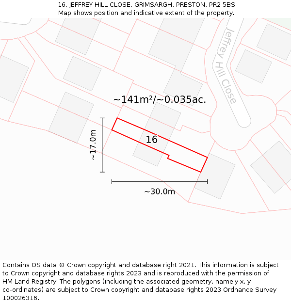 16, JEFFREY HILL CLOSE, GRIMSARGH, PRESTON, PR2 5BS: Plot and title map