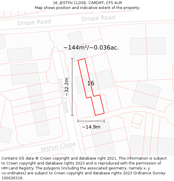 16, JESTYN CLOSE, CARDIFF, CF5 4UR: Plot and title map