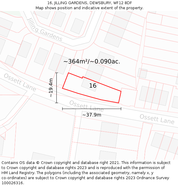 16, JILLING GARDENS, DEWSBURY, WF12 8DF: Plot and title map