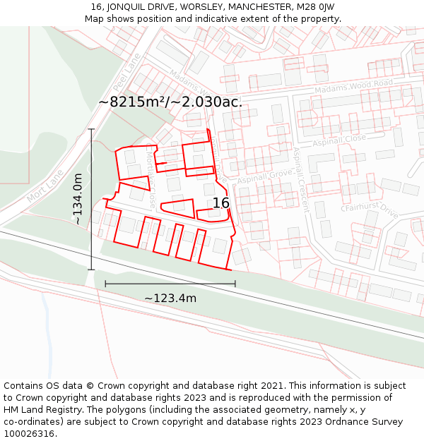 16, JONQUIL DRIVE, WORSLEY, MANCHESTER, M28 0JW: Plot and title map