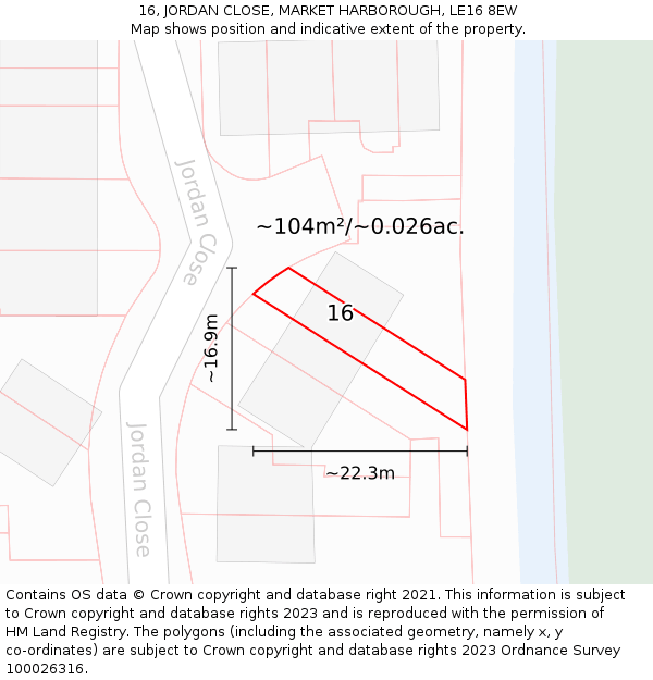 16, JORDAN CLOSE, MARKET HARBOROUGH, LE16 8EW: Plot and title map