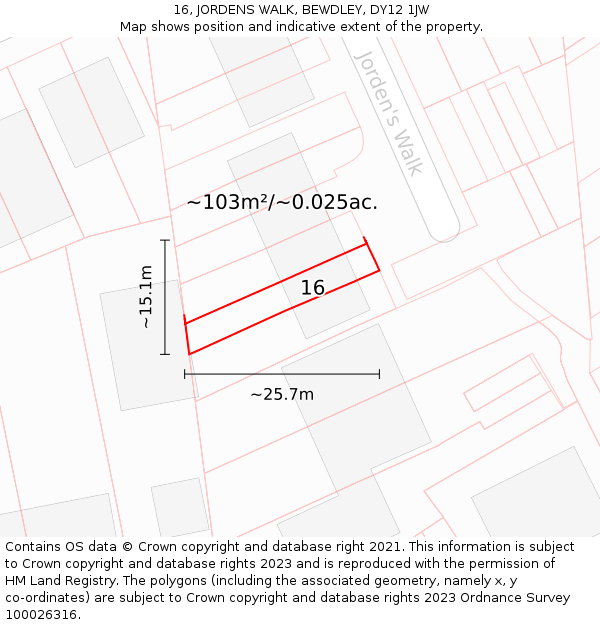 16, JORDENS WALK, BEWDLEY, DY12 1JW: Plot and title map
