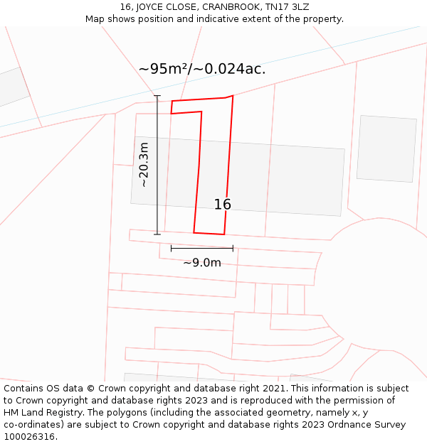 16, JOYCE CLOSE, CRANBROOK, TN17 3LZ: Plot and title map