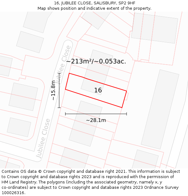 16, JUBILEE CLOSE, SALISBURY, SP2 9HF: Plot and title map