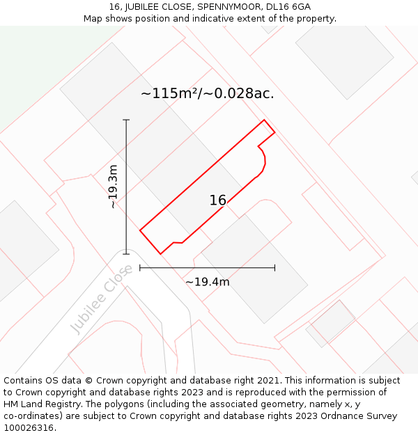 16, JUBILEE CLOSE, SPENNYMOOR, DL16 6GA: Plot and title map