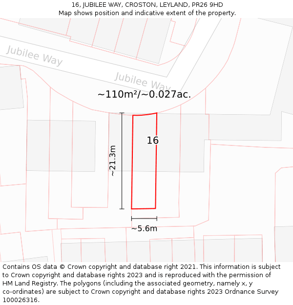 16, JUBILEE WAY, CROSTON, LEYLAND, PR26 9HD: Plot and title map