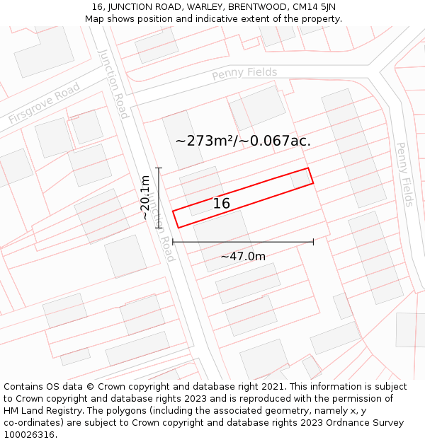16, JUNCTION ROAD, WARLEY, BRENTWOOD, CM14 5JN: Plot and title map
