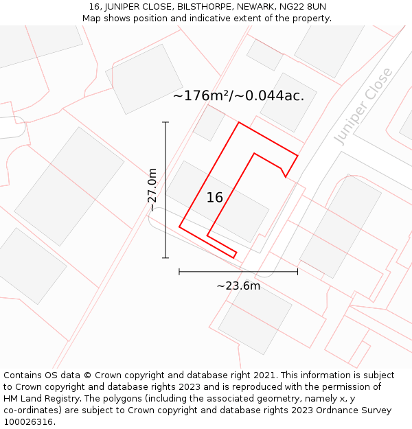 16, JUNIPER CLOSE, BILSTHORPE, NEWARK, NG22 8UN: Plot and title map