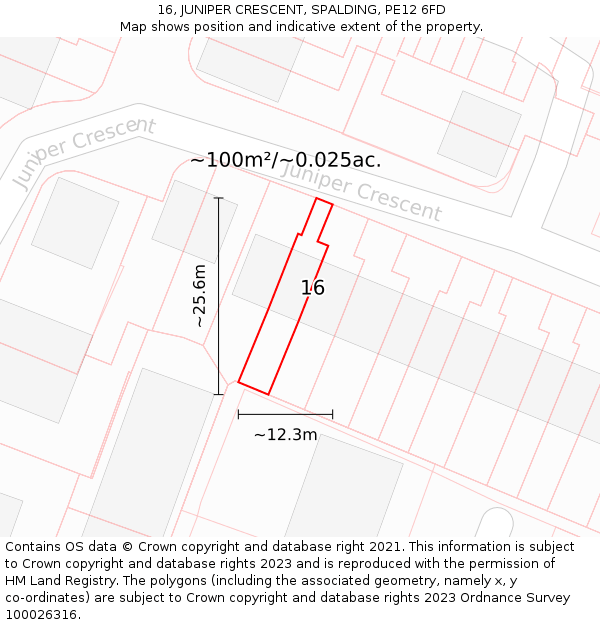 16, JUNIPER CRESCENT, SPALDING, PE12 6FD: Plot and title map