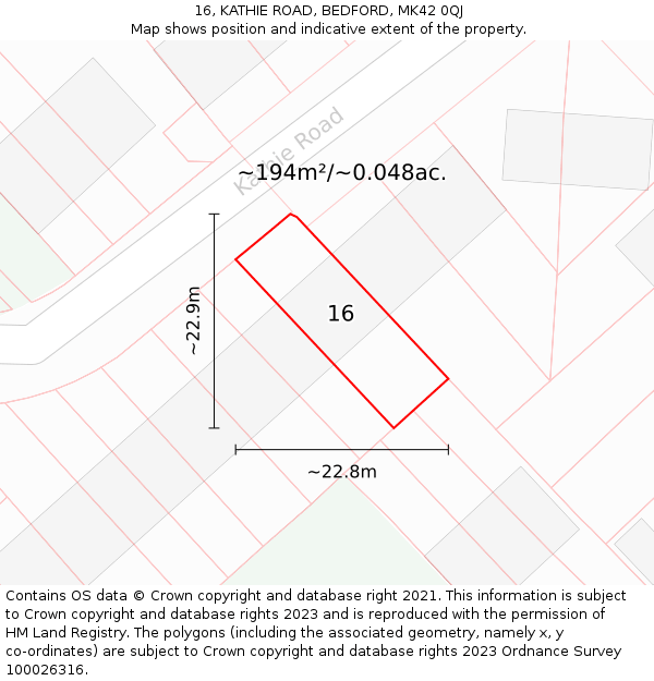 16, KATHIE ROAD, BEDFORD, MK42 0QJ: Plot and title map