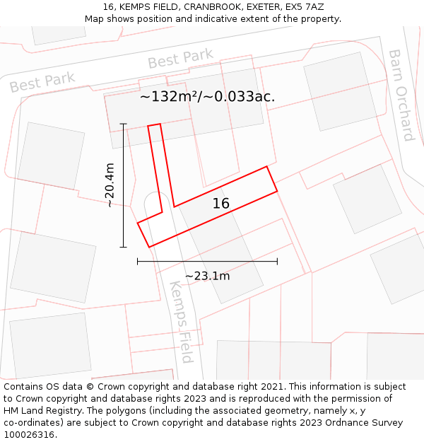 16, KEMPS FIELD, CRANBROOK, EXETER, EX5 7AZ: Plot and title map
