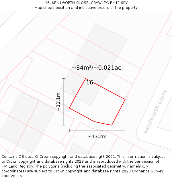 16, KENILWORTH CLOSE, CRAWLEY, RH11 9PY: Plot and title map