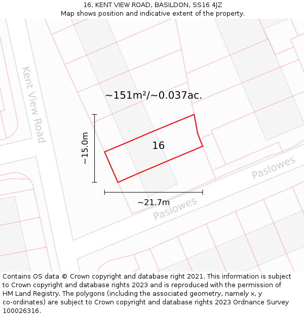 16, KENT VIEW ROAD, BASILDON, SS16 4JZ: Plot and title map
