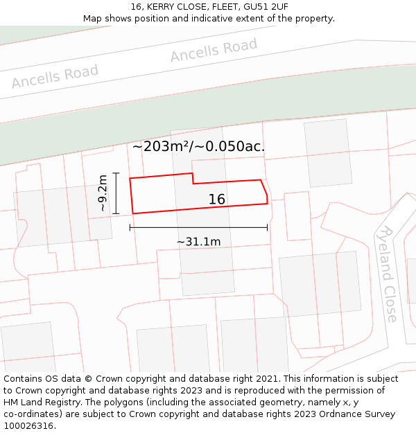 16, KERRY CLOSE, FLEET, GU51 2UF: Plot and title map