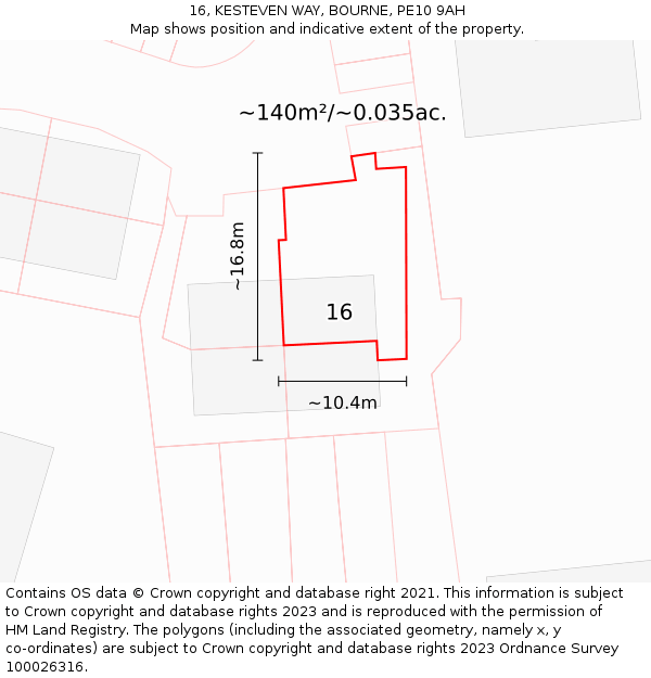 16, KESTEVEN WAY, BOURNE, PE10 9AH: Plot and title map