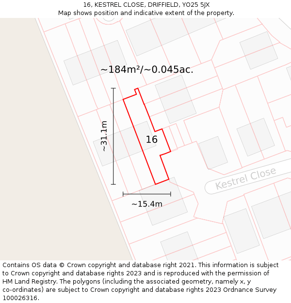 16, KESTREL CLOSE, DRIFFIELD, YO25 5JX: Plot and title map