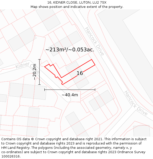 16, KIDNER CLOSE, LUTON, LU2 7SX: Plot and title map
