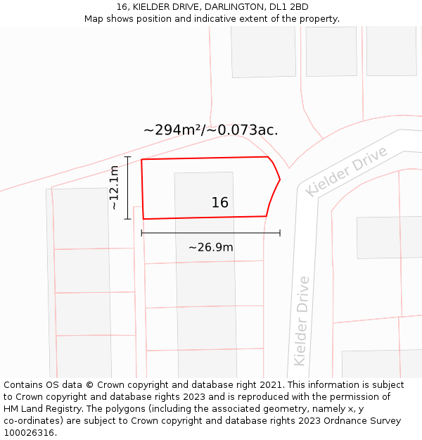 16, KIELDER DRIVE, DARLINGTON, DL1 2BD: Plot and title map